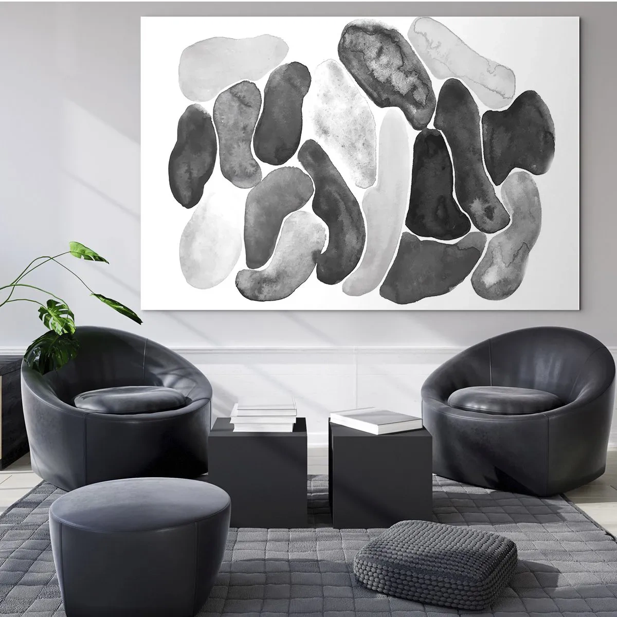 Quadro su vetro - Una composizione in bianco e nero di forme astratte che ricordano le pietre. - 120x80cm - Astrazione rocciosa - Decorazione murale moderna per soggiorno e camera da letto ARTTOR