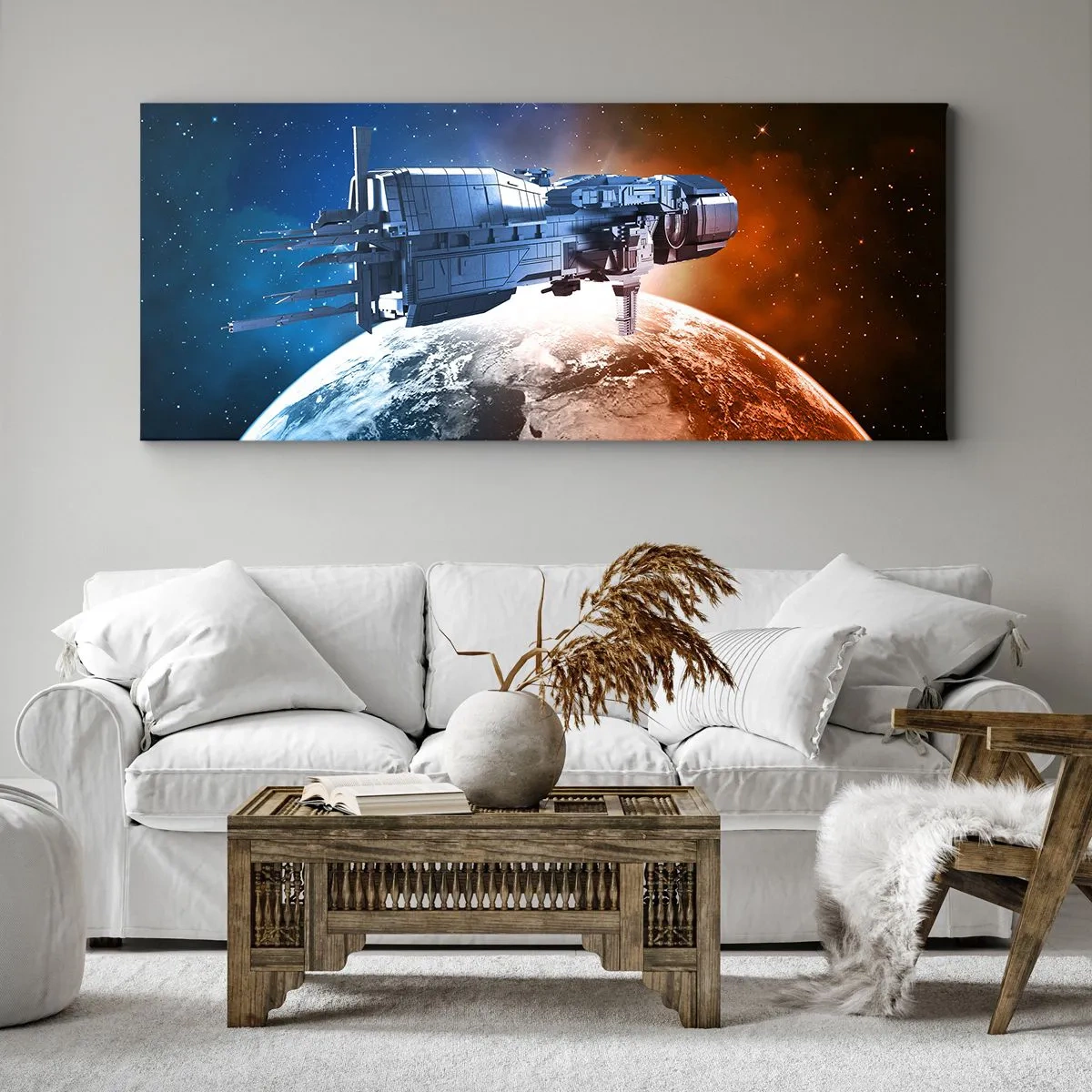 Quadro su tela - Stampe su Tela - Un'astronave sullo sfondo di un pianeta nello spazio - 140x50cm - Un attento osservatore - Decorazione murale moderna per soggiorno e camera da letto ARTTOR