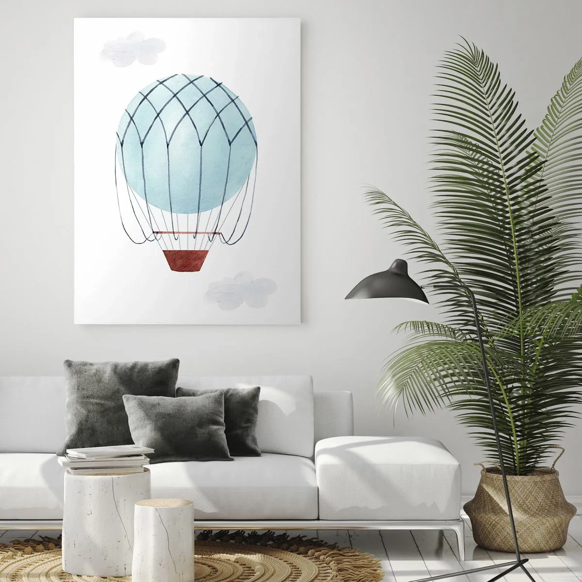Quadro su vetro - Un palloncino dipinto a mano su uno sfondo di nuvole delicate. - 80x120cm - In mezzo alle nuvole - Decorazione murale moderna per soggiorno e camera da letto ARTTOR