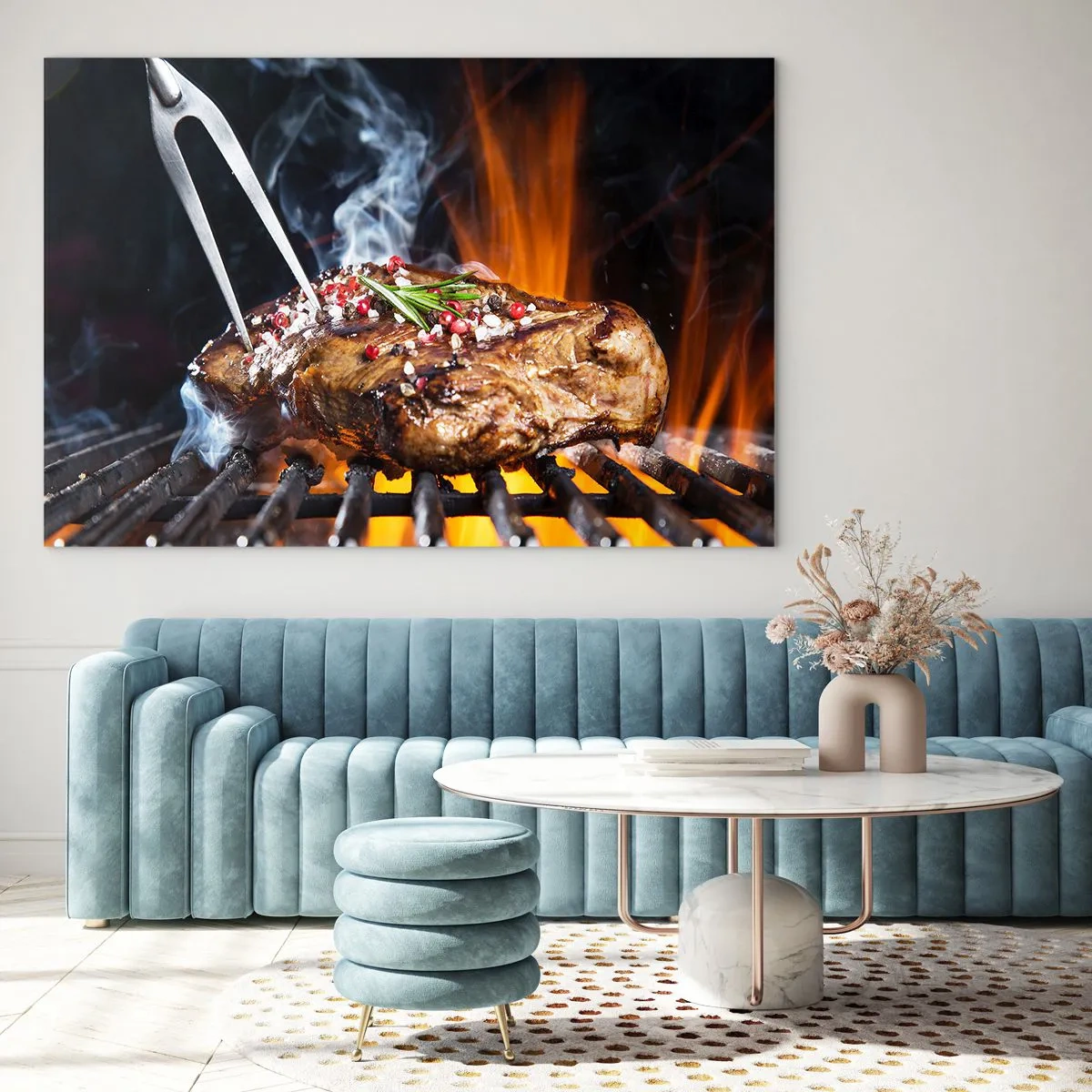 Quadro su vetro - Bistecca alla griglia con spezie sulla griglia - 120x80cm - Succosa e profumata - Decorazione murale moderna per soggiorno e camera da letto ARTTOR