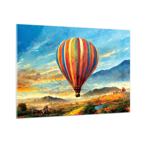 Quadro su vetro - Un palloncino colorato che fluttua sopra un paesaggio montano - 100x70cm - Nel silenzio si vede meglio - Decorazione murale moderna per soggiorno e camera da letto ARTTOR