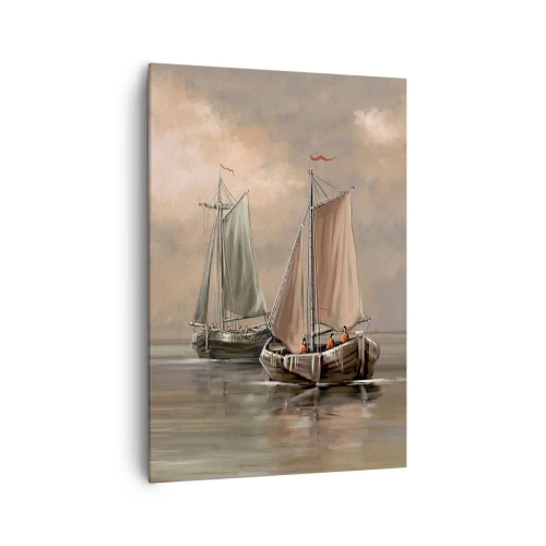 Quadro su tela - Stampe su Tela - Barche a vela su un mare calmo in un ambiente pastello - 70x100cm - Il ritorno dei marinai - Decorazione murale moderna per soggiorno e camera da letto ARTTOR