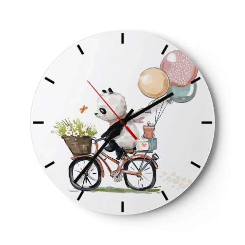 Orologio da parete - Orologio in Vetro - Panda in bicicletta con palloncini e un cesto pieno di fiori - 30x30cm - Giorno felice - Decorazione murale moderna per soggiorno, cucina e camera da letto ARTTOR
