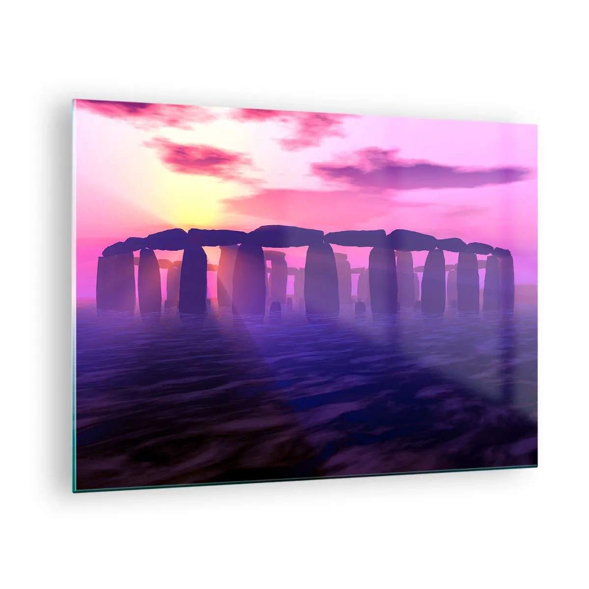 Quadro su vetro - Stonehenge alla luce di un tramonto rosa - 70x50cm - Mistero in un'alba nebbiosa - Decorazione murale moderna per soggiorno e camera da letto ARTTOR
