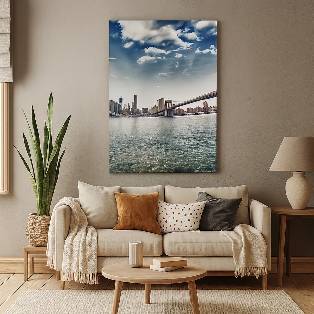 Quadro su tela - Stampe su Tela - Panorama della città con un ponte contro il cielo blu - 50x70cm - L'isola di vetro - Decorazione murale moderna per soggiorno e camera da letto ARTTOR
