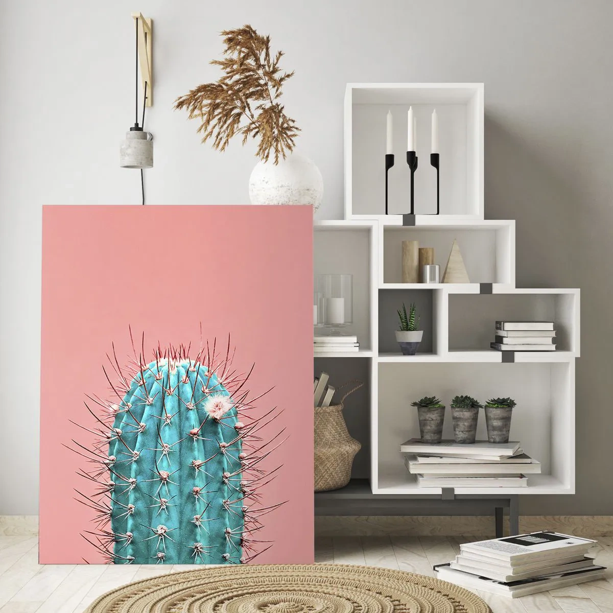 Quadro su vetro - Un'interpretazione artistica di un cactus su uno sfondo rosa - 80x120cm - Stai attento - Decorazione murale moderna per soggiorno e camera da letto ARTTOR