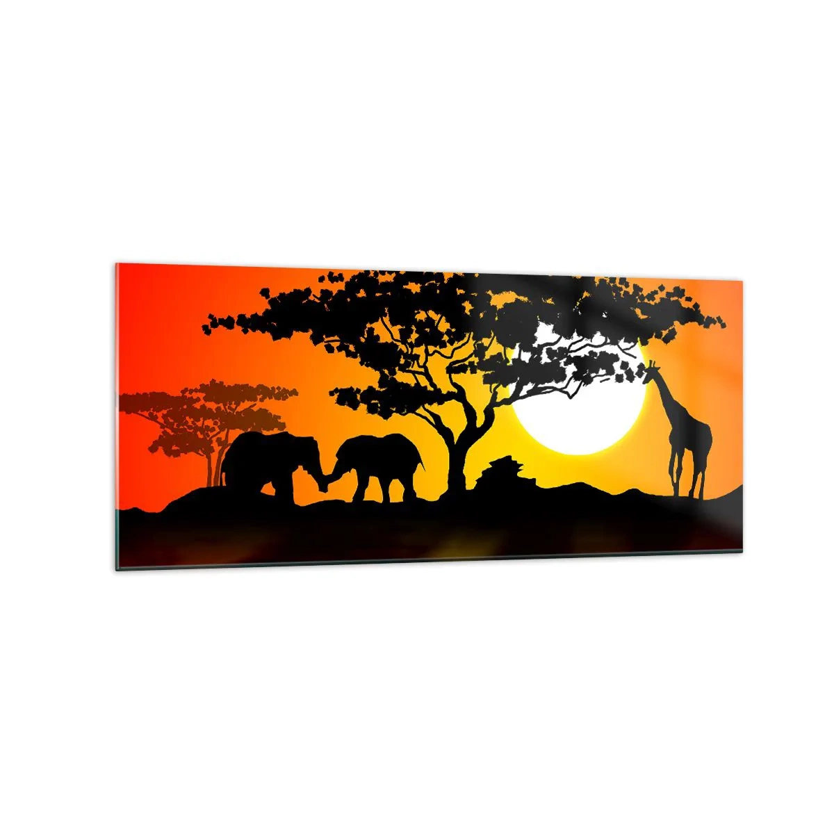 Quadro su vetro - Tramonto africano con sagome di elefanti e giraffe sull'acqua - 120x50cm - Incontro nella savana - Decorazione murale moderna per soggiorno e camera da letto ARTTOR