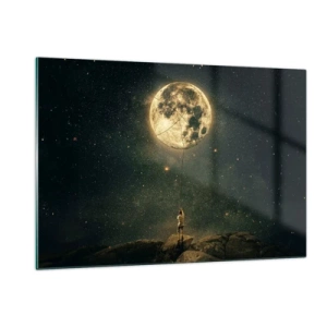 Quadro su vetro - Una figura su una roccia che tiene in mano la luna, intrappolata con una corda. - 120x80cm - Chi ha rubato la luna - Decorazione murale moderna per soggiorno e camera da letto ARTTOR