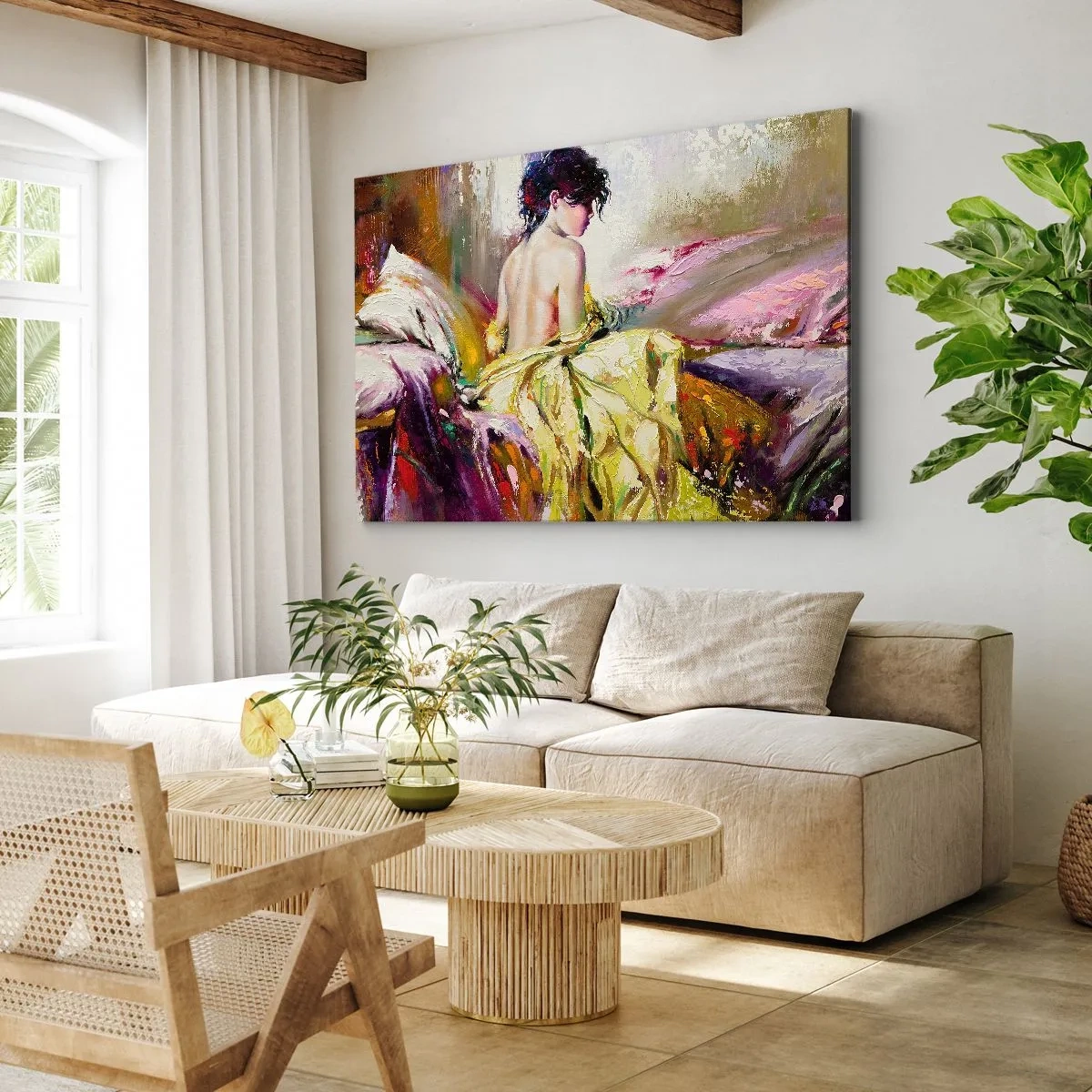 Quadro su tela - Stampe su Tela - Una scena pittorica di una donna su un letto in un'atmosfera romantica - 100x70cm - Tra la bocca e il bordo della coppa - Decorazione murale moderna per soggiorno e camera da letto ARTTOR