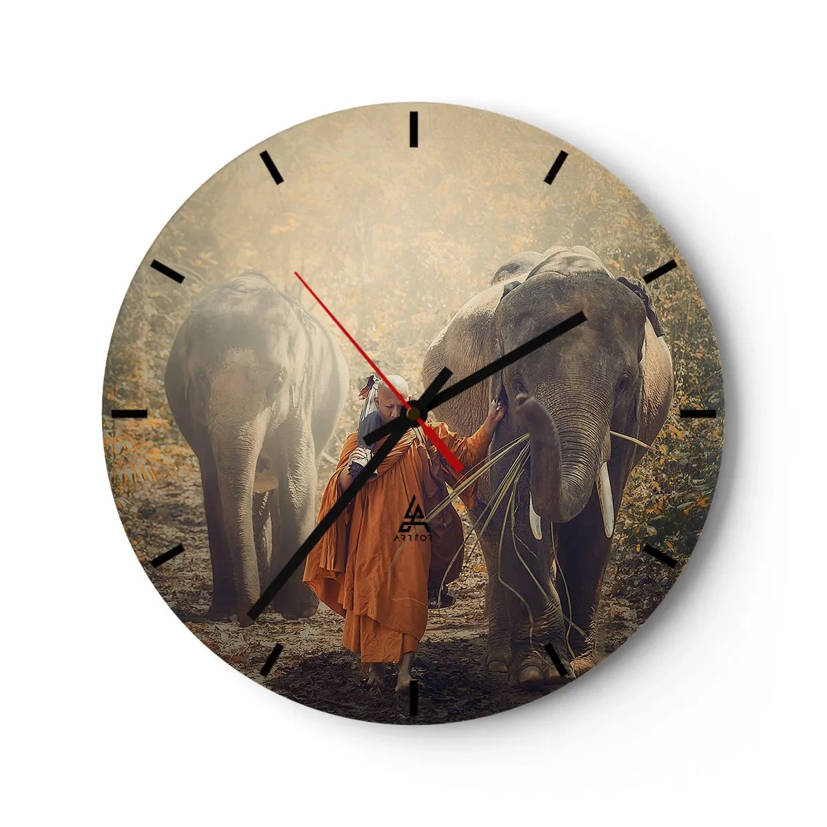Orologio da parete - Orologio in Vetro - Un monaco con due elefanti in una foresta autunnale - 30x30cm - Comprensione perfetta - Decorazione murale moderna per soggiorno, cucina e camera da letto ARTTOR