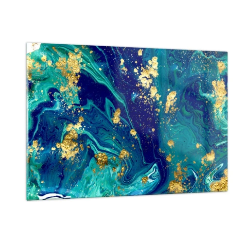 Quadro su vetro - Un motivo astratto nei toni del turchese e del blu navy con accenti dorati - 120x80cm - Petali di sole - Decorazione murale moderna per soggiorno e camera da letto ARTTOR