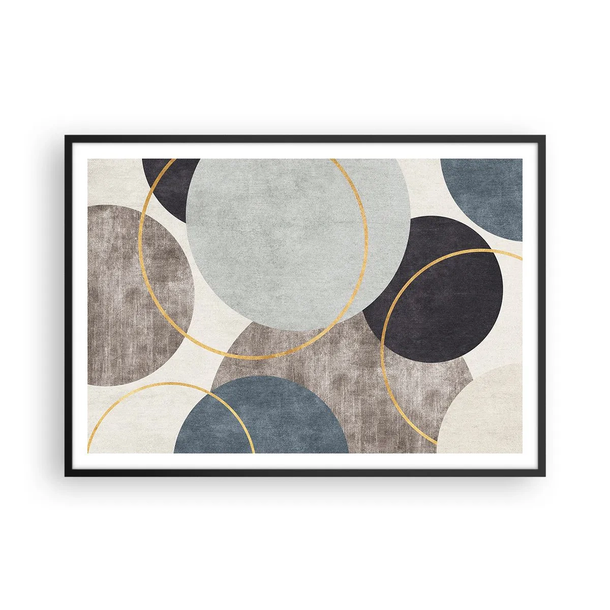 Poster in cornice nera - Cerchi geometrici nelle tonalità del grigio, blu e oro - 100x70cm - Un cerchio dietro l'altro - Decorazione murale moderna per soggiorno e camera da letto ARTTOR