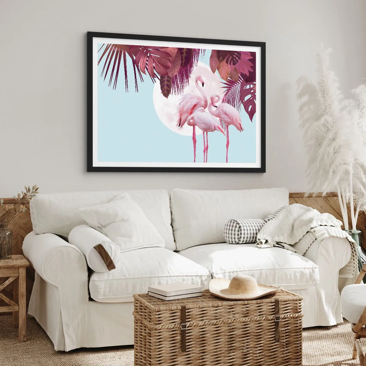 Poster in cornice nera - Fenicotteri rosa sullo sfondo della luna e delle foglie tropicali - 100x70cm - Tre grazie alate - Decorazione murale moderna per soggiorno e camera da letto ARTTOR