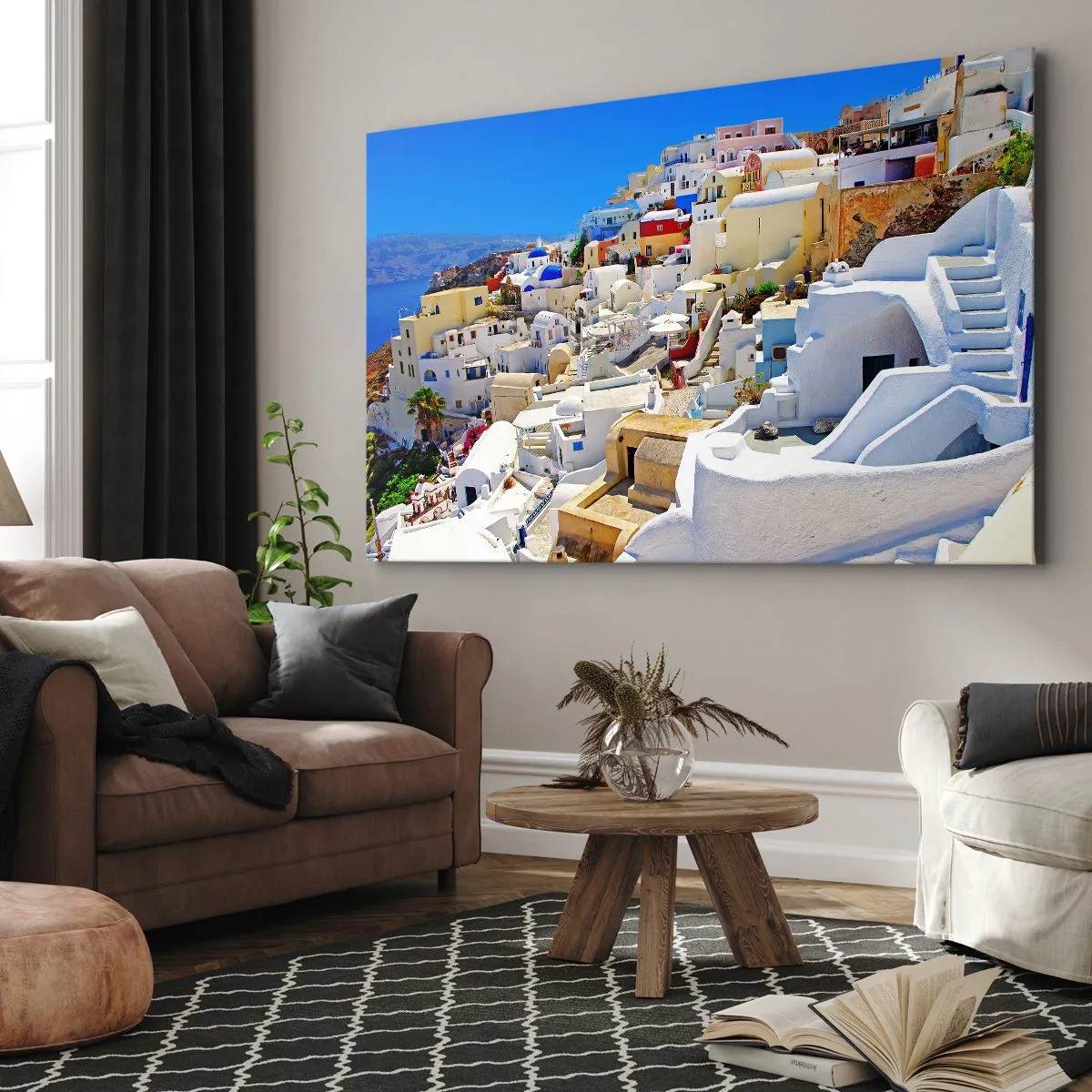 Quadro su tela - Stampe su Tela - Panorama di Santorini con case bianche e cielo azzurro - 120x80cm - Sogno di un'estate greca - Decorazione murale moderna per soggiorno e camera da letto ARTTOR