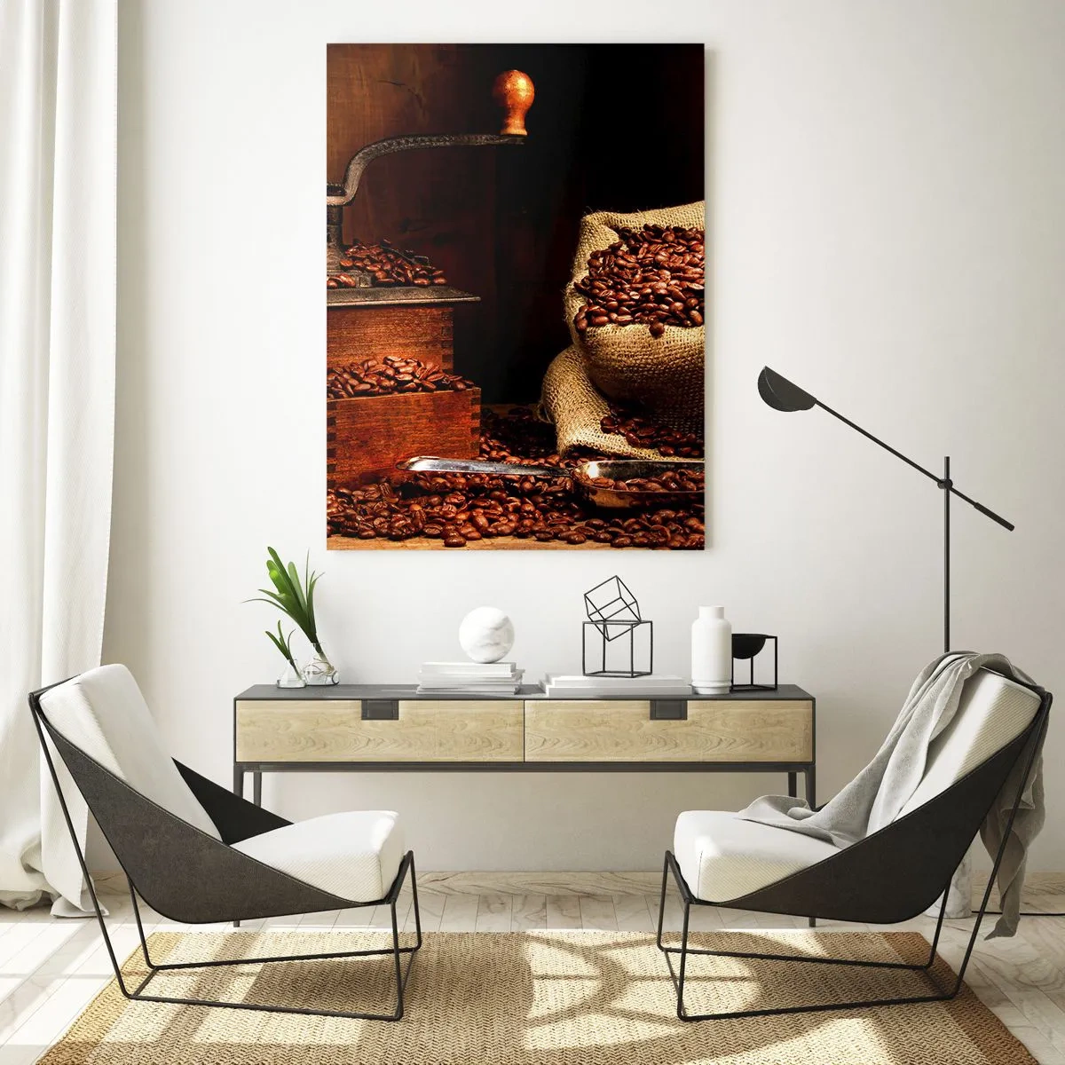 Quadro su vetro - Un vecchio macinacaffè con chicchi e un sacchetto in stile rustico. - 70x100cm - Natura morta con chicchi di caffè e macinino - Decorazione murale moderna per soggiorno e camera da letto ARTTOR