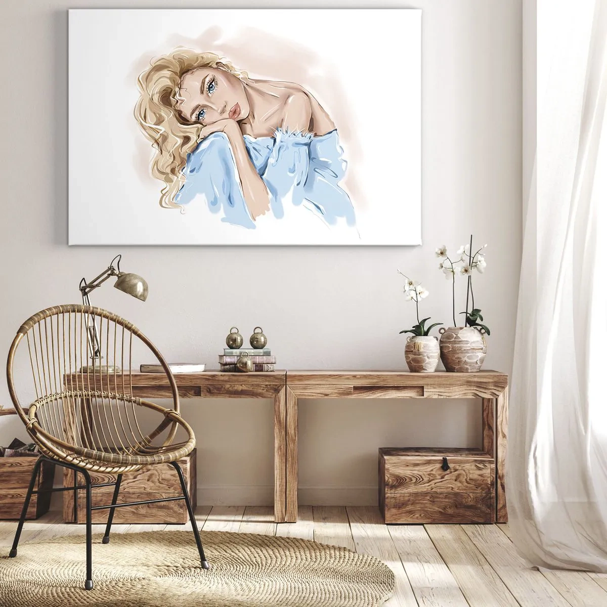 Quadro su tela - Stampe su Tela - Ritratto di una donna in abito blu con capelli biondi - 120x80cm - Sognante nel blu - Decorazione murale moderna per soggiorno e camera da letto ARTTOR