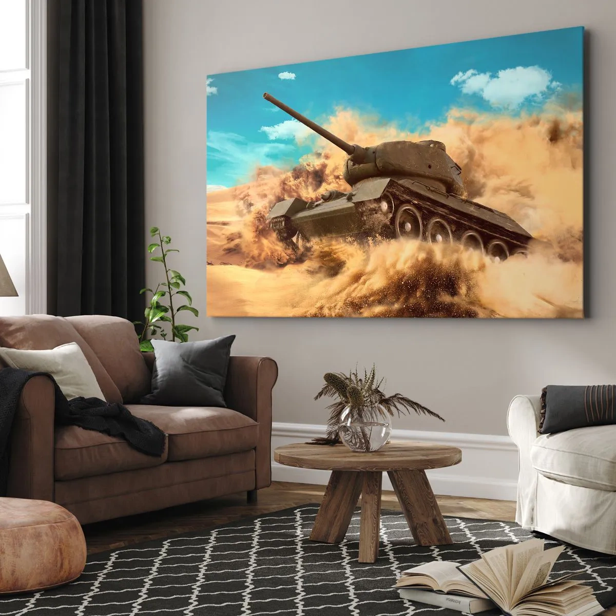 Quadro su tela - Stampe su Tela - Un carro armato in azione nel deserto, circondato da polvere di sabbia. - 120x80cm - Imbattibile - Decorazione murale moderna per soggiorno e camera da letto ARTTOR