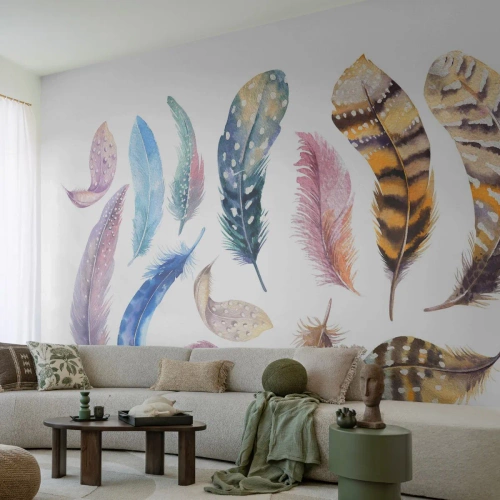 Fotomurali Premium Canvas - Leggere, variopinte e multicolori - Piume di uccelli, Uccelli, Grafica - 400x280 cm