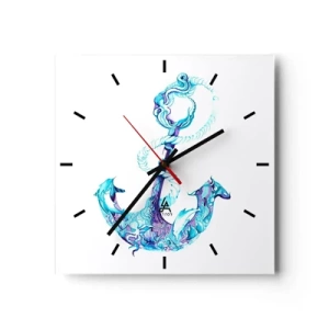 Orologio da parete - Orologio in Vetro - Ancora astratta nei toni del blu con dettagli nautici - 30x30cm - La confidente dei segreti del mare - Decorazione murale moderna per soggiorno e camera da letto ARTTOR