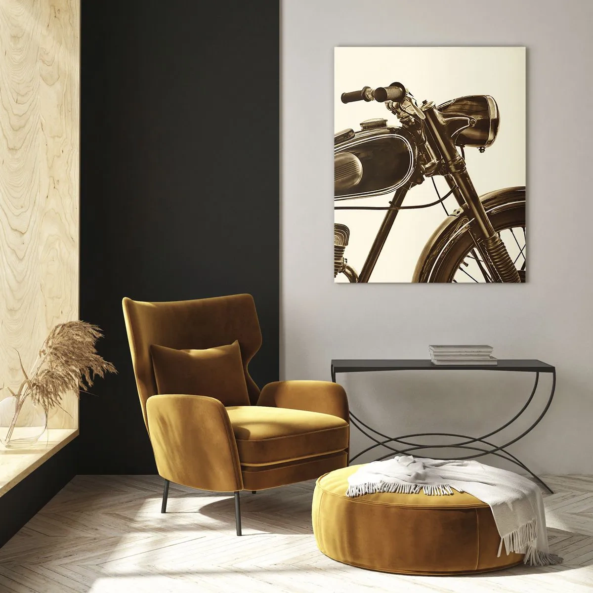 Quadro su vetro - Elegante motocicletta retrò in tonalità seppia su sfondo chiaro - 50x70cm - Nostalgia per la classicità - Decorazione murale moderna per soggiorno e camera da letto ARTTOR