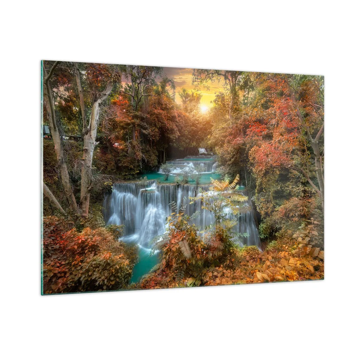 Quadro su vetro - Una pittoresca cascata circondata da una foresta autunnale al tramonto - 100x70cm - Il tesoro nascosto nel bosco - Decorazione murale moderna per soggiorno e camera da letto ARTTOR
