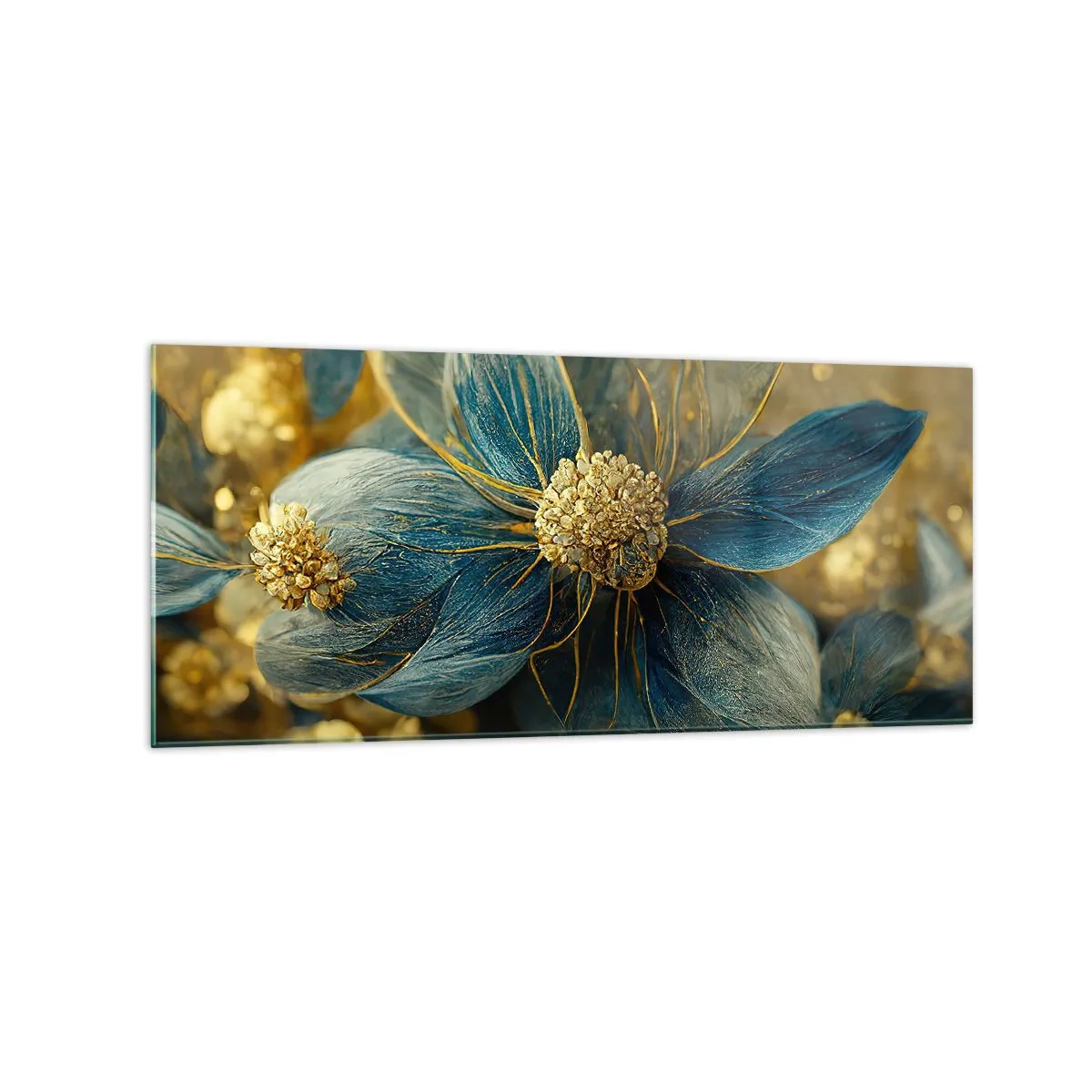 Quadro su vetro - Eleganti fiori nei toni del blu e dell'oro - 120x50cm - Fiorire d'oro - Decorazione murale moderna per soggiorno e camera da letto ARTTOR