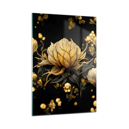 Quadro su vetro - Fiori dorati su sfondo nero in una composizione elegante - 50x70cm - Delicata fragilità - Decorazione murale moderna per soggiorno e camera da letto ARTTOR