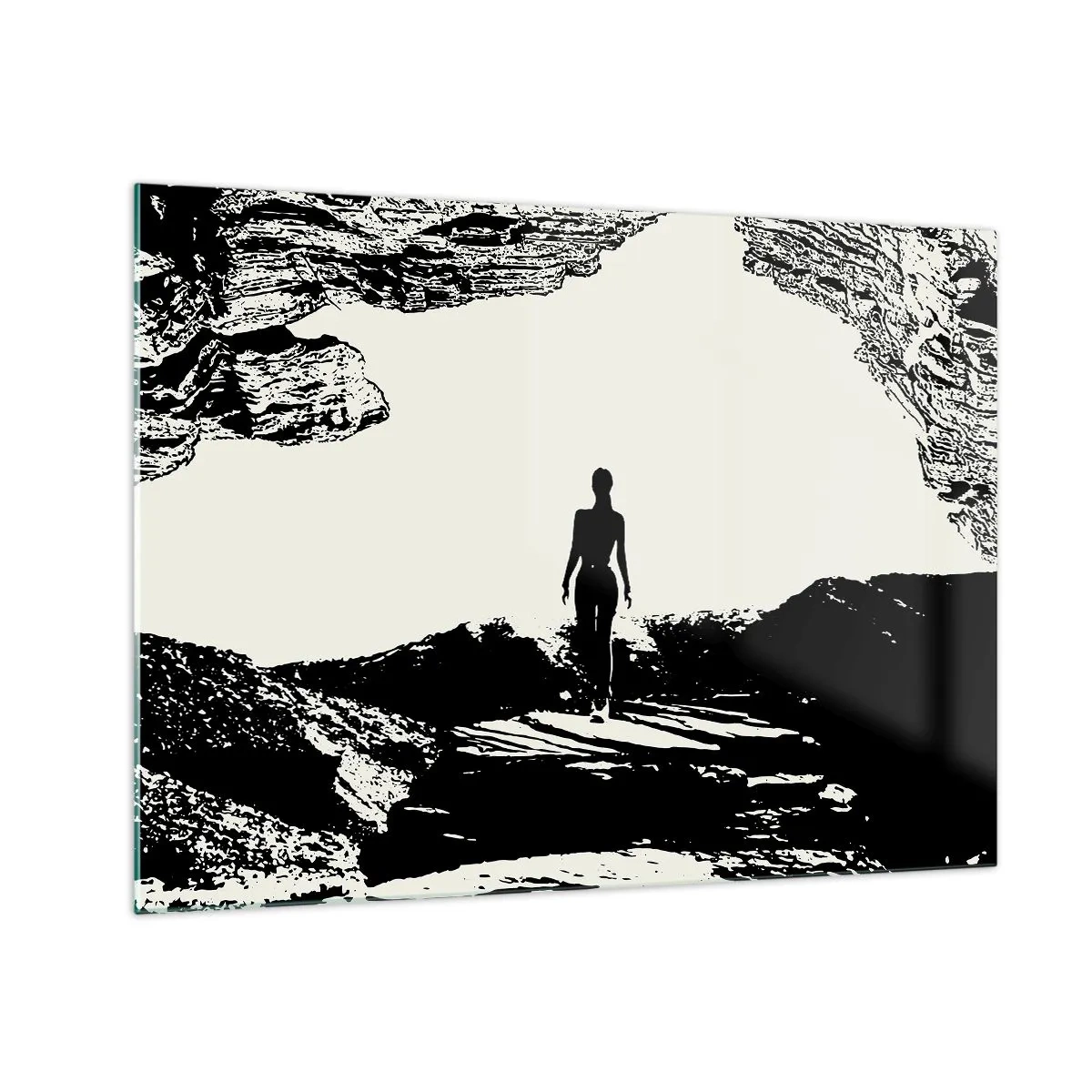 Quadro su vetro - Silhouette di una donna che emerge da una grotta in grafica in bianco e nero - 70x50cm - Un nuovo sguardo - Decorazione murale moderna per soggiorno e camera da letto ARTTOR
