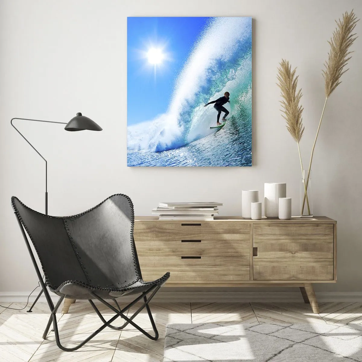 Quadro su vetro - Surfista su un'onda in una giornata di sole - 50x70cm - Attraverso il grande blu - Decorazione murale moderna per soggiorno e camera da letto ARTTOR
