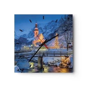 Orologio da parete - Orologio in Vetro - Paesaggio invernale con una chiesa, un ponte e montagne al tramonto - 30x30cm - Lo spirito di Natale - Decorazione murale moderna per soggiorno e camera da letto ARTTOR