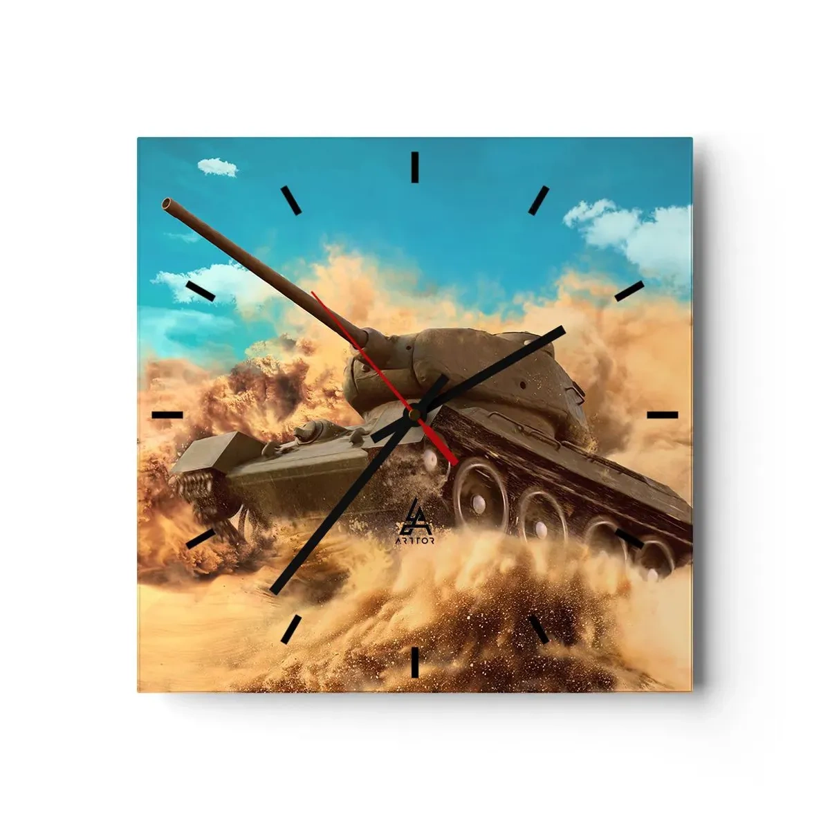 Orologio da parete - Orologio in Vetro - Un carro armato in azione nel deserto, circondato da polvere di sabbia. - 30x30cm - Imbattibile - Decorazione murale moderna per soggiorno e camera da letto ARTTOR