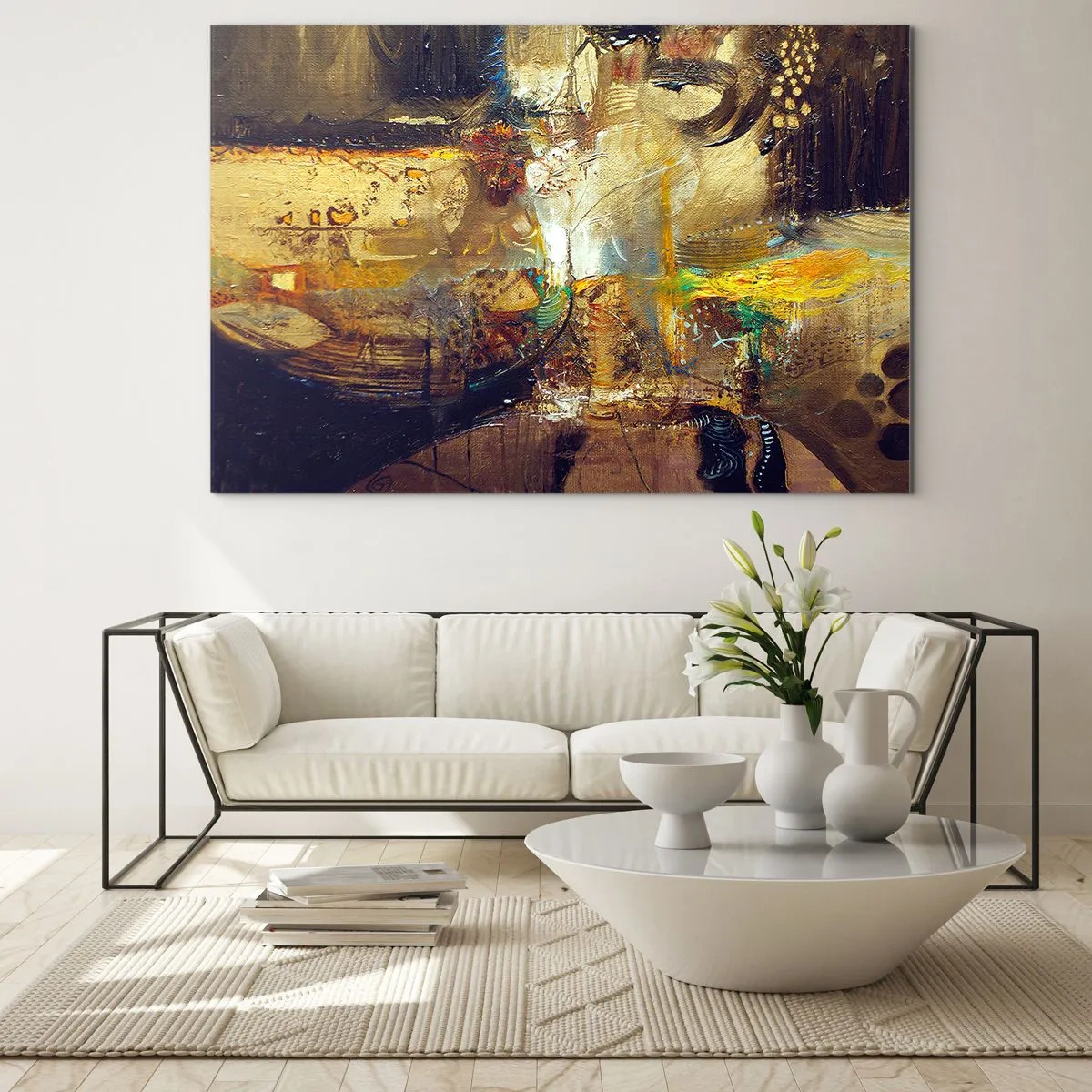 Quadro su vetro - Composizione astratta nei toni dell'oro e del marrone - 100x70cm - Freddo, più caldo, bollente - Decorazione murale moderna per soggiorno e camera da letto ARTTOR