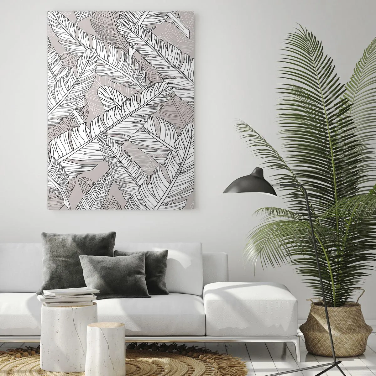 Quadro su vetro - Foglie in bianco e nero su sfondo beige in stile grafico - 50x70cm - Vortice di piume - Decorazione murale moderna per soggiorno e camera da letto ARTTOR