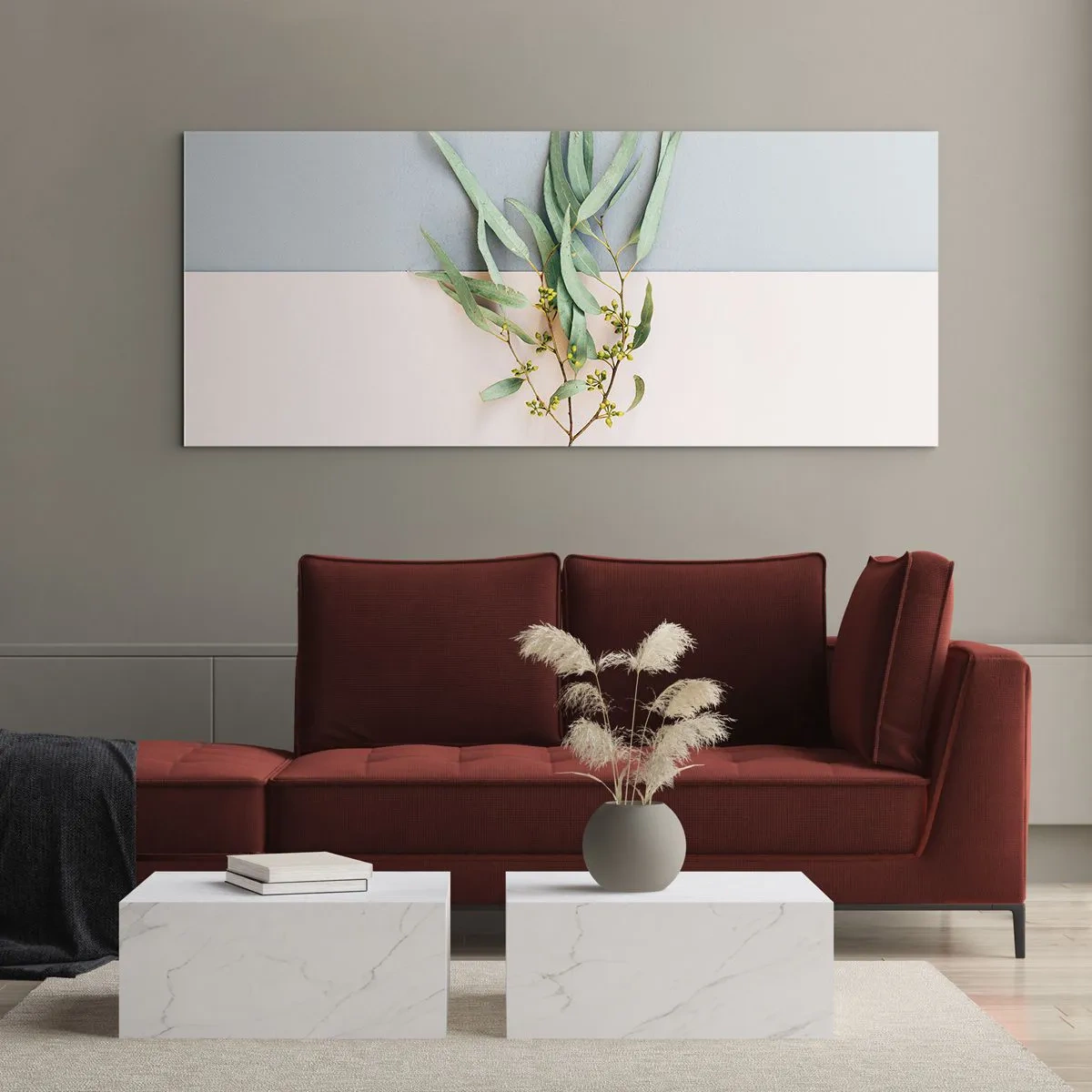 Quadro su vetro - Un ramo con foglie su uno sfondo di tonalità pastello - 140x50cm - Delicatezza pastello - Decorazione murale moderna per soggiorno e camera da letto ARTTOR