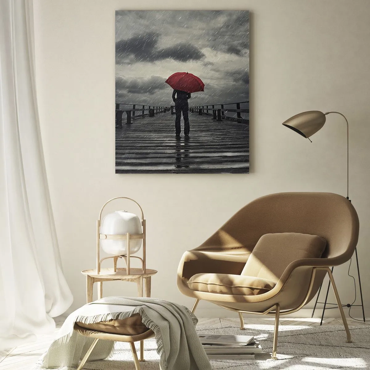 Quadro su vetro - Una persona con un ombrello rosso su un molo piovoso - 80x120cm - Non importa che piove - Decorazione murale moderna per soggiorno e camera da letto ARTTOR