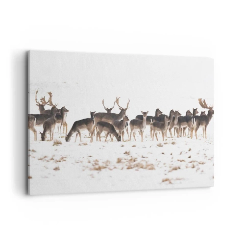 Quadro su tela - Stampe su Tela - Un branco di cervi su uno sfondo innevato - 120x80cm - Tra poco è Natale? - Decorazione murale moderna per soggiorno e camera da letto ARTTOR