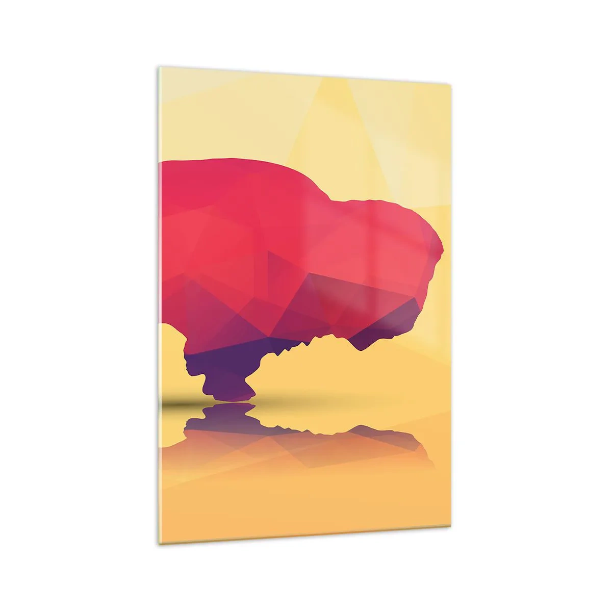 Quadro su vetro - Silhouette geometrica di un bisonte nei toni del rosso e del viola - 70x100cm - La forza del bisonte amaranto - Decorazione murale moderna per soggiorno e camera da letto ARTTOR