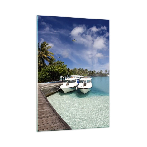 Quadro su vetro - Molo esotico, barche e acqua turchese - 50x70cm - Il paradiso esiste davvero - Decorazione murale moderna per soggiorno e camera da letto ARTTOR