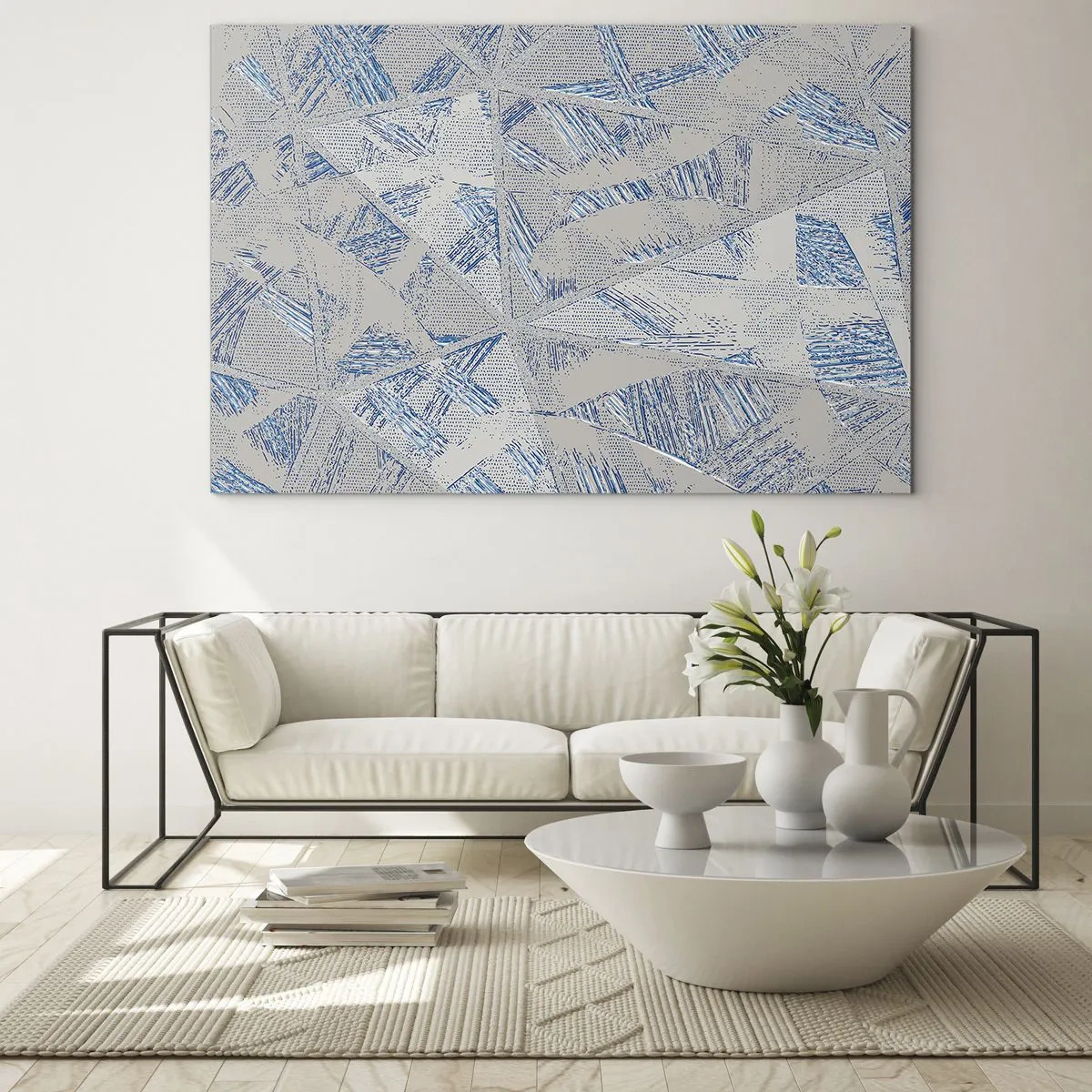 Quadro su vetro - Motivi geometrici nelle tonalità del grigio e del blu - 70x50cm - Nel labirinto grigioblu - Decorazione murale moderna per soggiorno e camera da letto ARTTOR