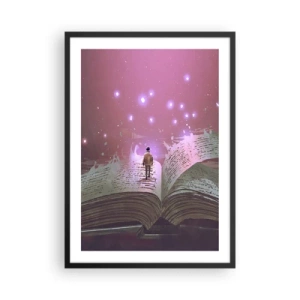 Poster in cornice nera - Una figura in un ambiente magico in piedi su un libro aperto - 50x70cm - Invito ad un altro mondo: leggi! - Decorazione murale moderna per soggiorno e camera da letto ARTTOR