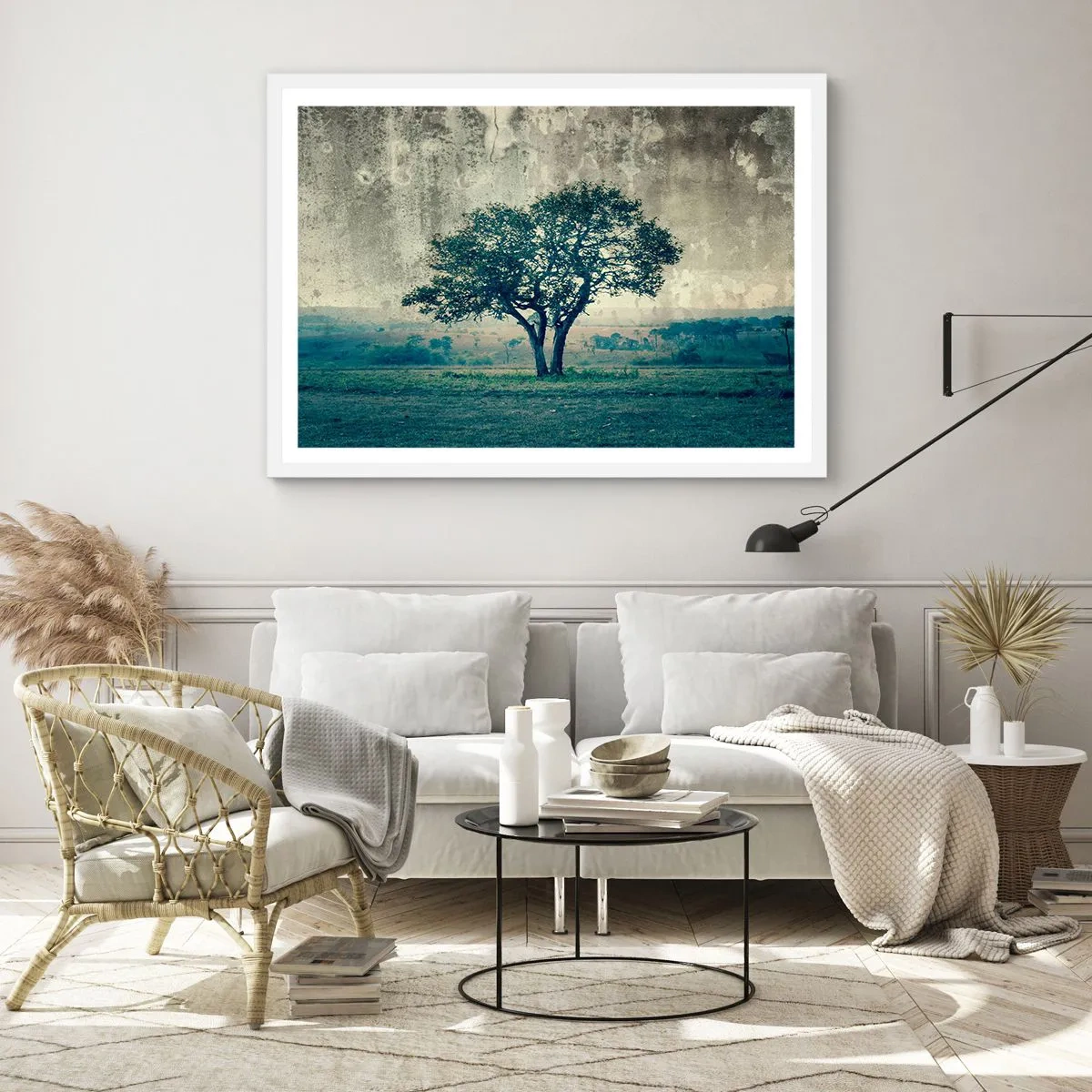 Poster in cornice bianca - Un melo su un prato blu? - 100x70 cm
