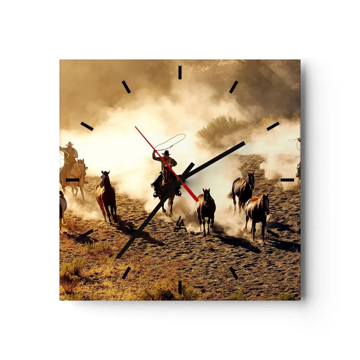 Orologio da parete - Orologio in Vetro - Cowboy a cavallo in azione nel terreno desertico - 30x30cm - Il vero Far West - Decorazione murale moderna per soggiorno e camera da letto ARTTOR
