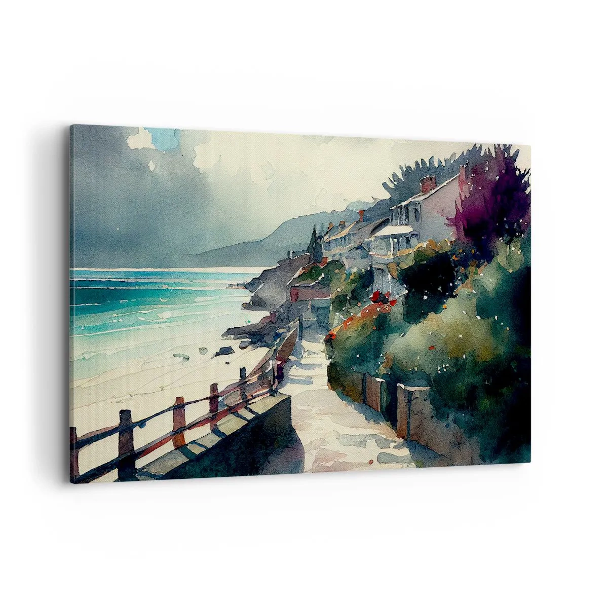 Quadro su tela - Stampe su Tela - Lungomare con case e vegetazione - 120x80cm - Cittadina mediterranea - Decorazione murale moderna per soggiorno e camera da letto ARTTOR