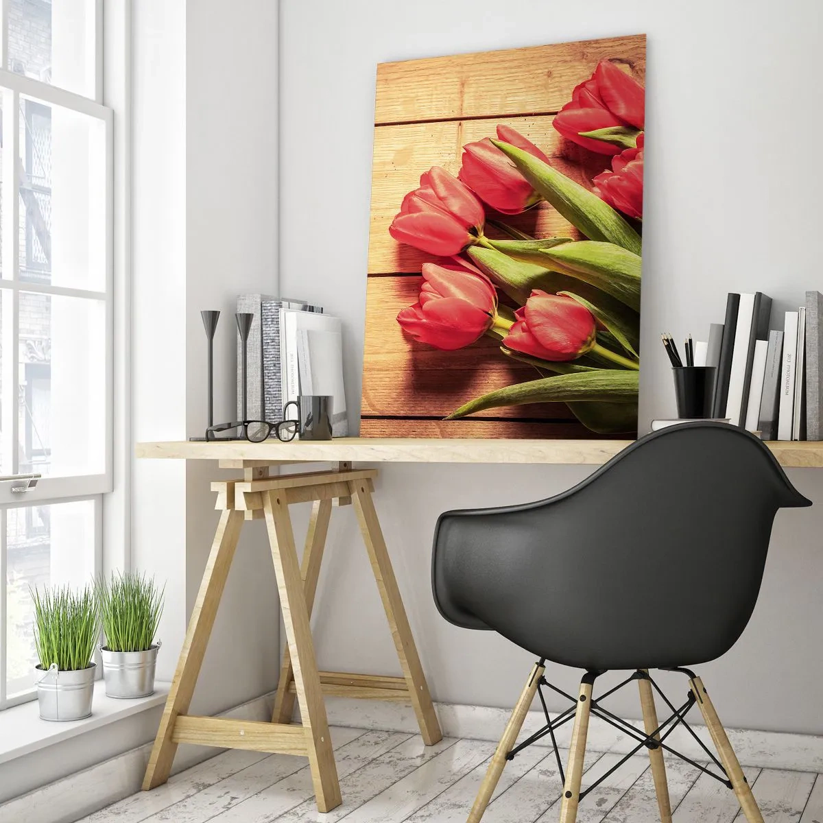 Quadro su vetro - Un mazzo di tulipani rosa su uno sfondo di legno - 80x120cm - Confessione primaverile - Decorazione murale moderna per soggiorno e camera da letto ARTTOR