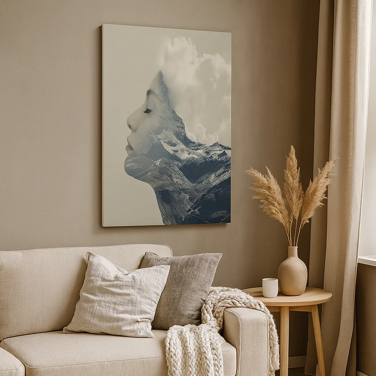 Quadro su tela - Stampe su Tela - Silhouette di una donna con un paesaggio montano sullo sfondo - 50x70cm - La bellezza degli elementi - Decorazione murale moderna per soggiorno e camera da letto ARTTOR
