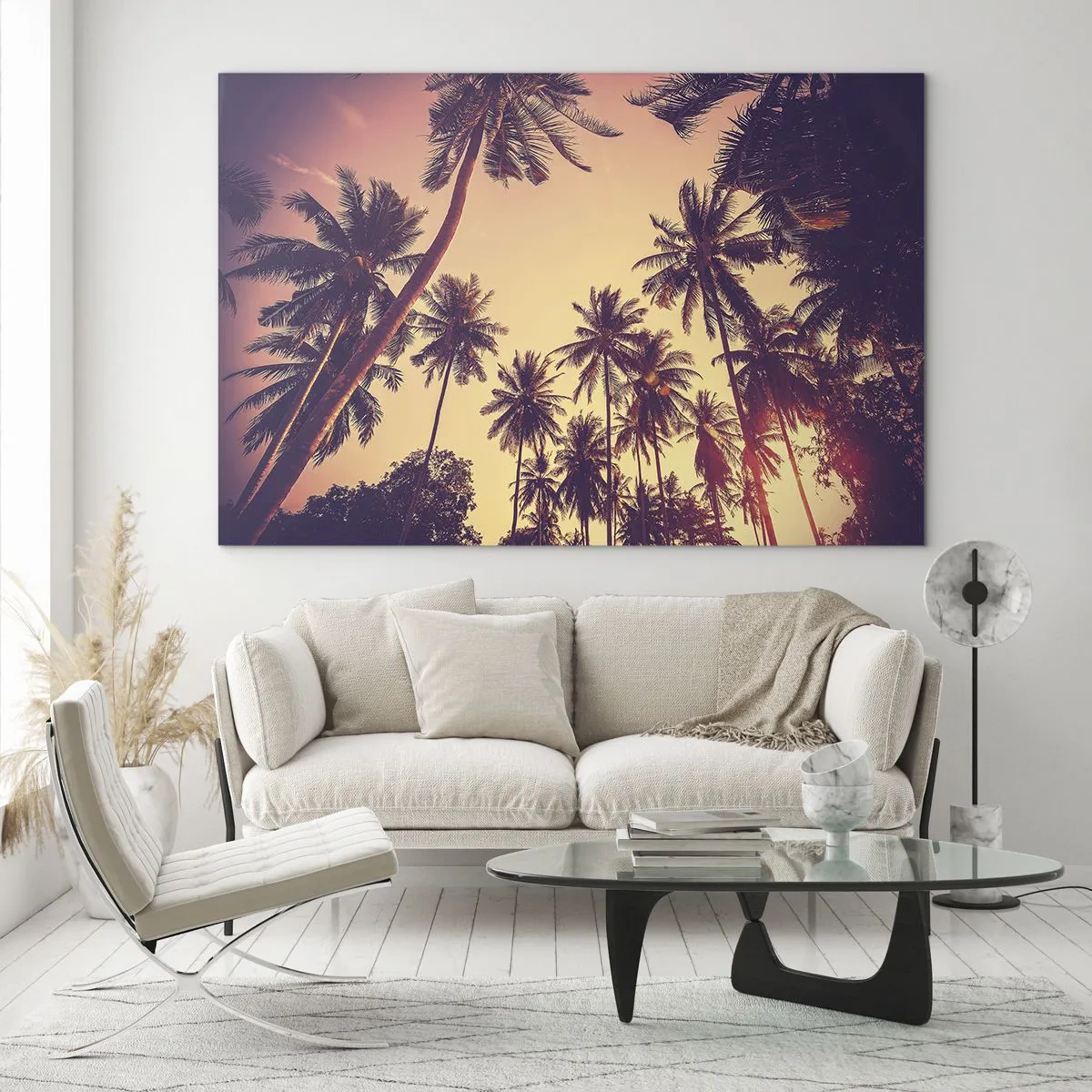 Quadro su vetro - Palme sotto i raggi del sole al tramonto - 100x70cm - Composizione tropicale - Decorazione murale moderna per soggiorno e camera da letto ARTTOR
