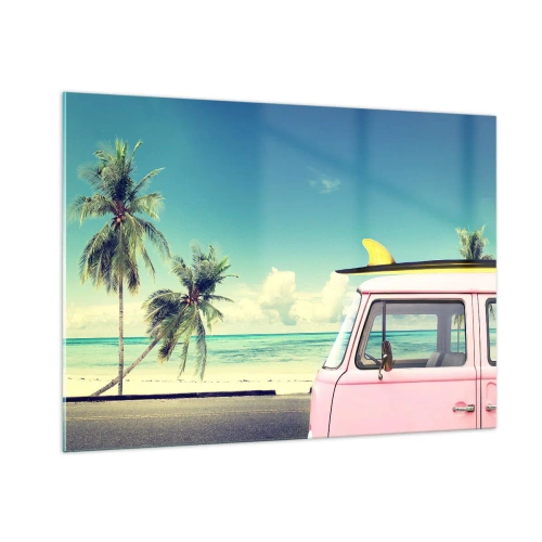 Quadro su vetro - Una spiaggia con palme e un furgone retrò rosa in riva al mare - 100x70cm - Tempo di vacanze - Decorazione murale moderna per soggiorno e camera da letto ARTTOR