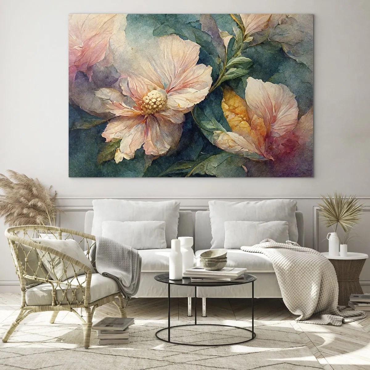 Quadro su vetro - Delicati fiori nei toni pastello dell'acquerello - 120x80cm - Delicatezza pura - Decorazione murale moderna per soggiorno e camera da letto ARTTOR