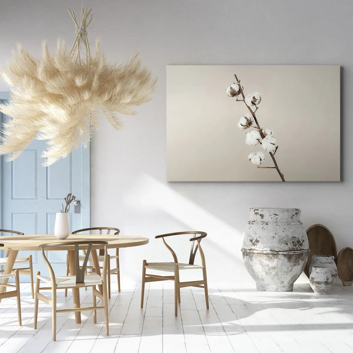 Quadro su tela - Stampe su Tela - Un rametto di cotone su uno sfondo beige - 120x80cm - Alla fonte della morbidezza - Decorazione murale moderna per soggiorno e camera da letto ARTTOR