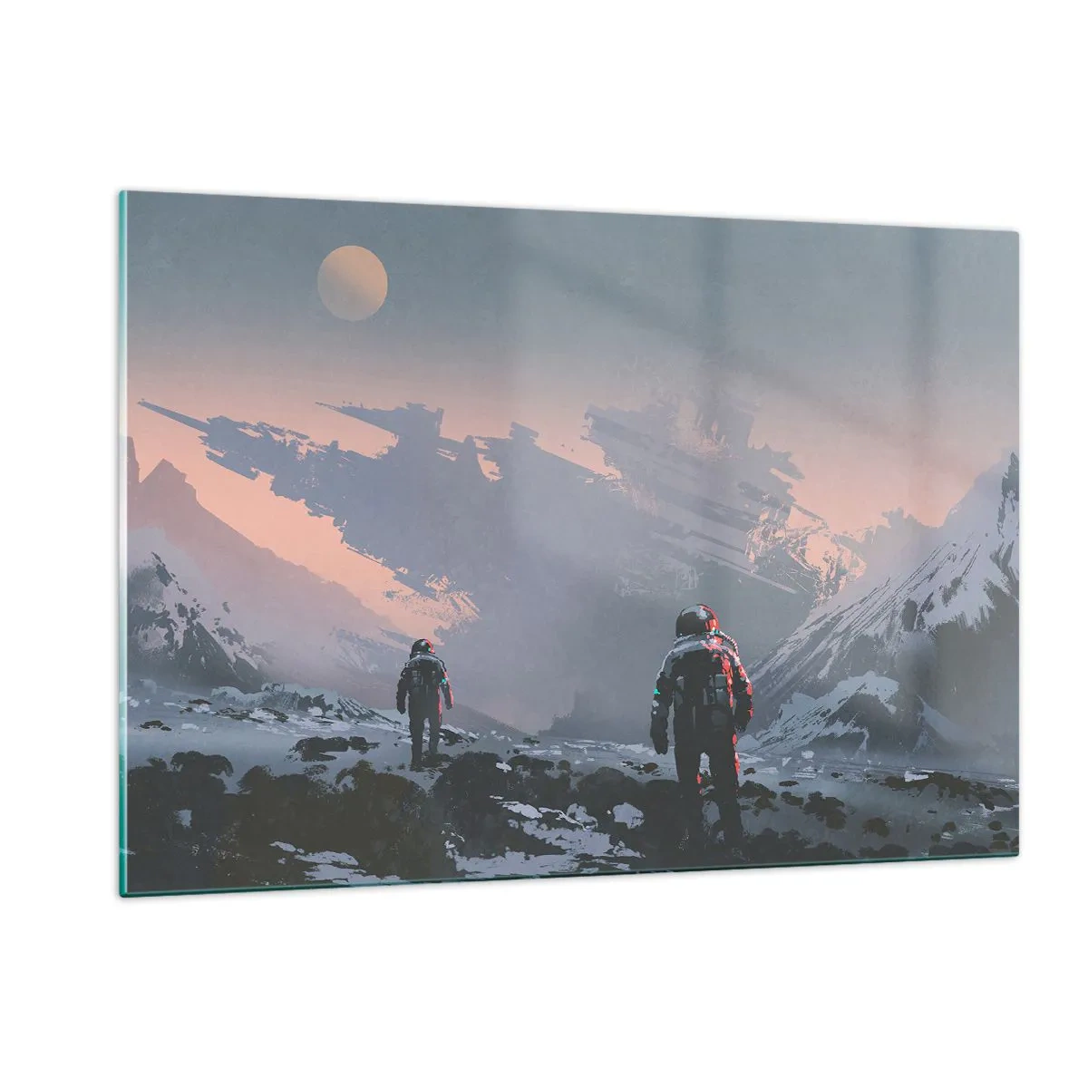 Quadro su vetro - Astronauti su un pianeta alieno con un relitto sullo sfondo - 120x80cm - Sotto una stella sconosciuta - Decorazione murale moderna per soggiorno e camera da letto ARTTOR